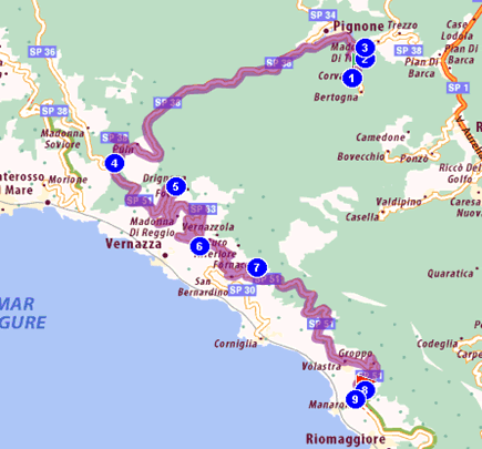 Mappa Corvara di Beverino Manarola 28km 34 minuti